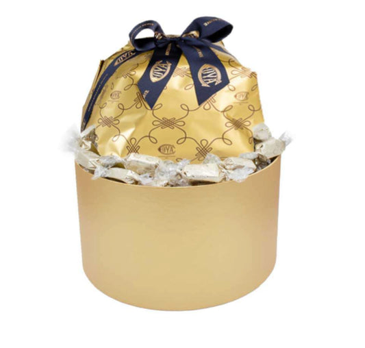 Panettone cu ciocolată în cutie rotundă cu nugă